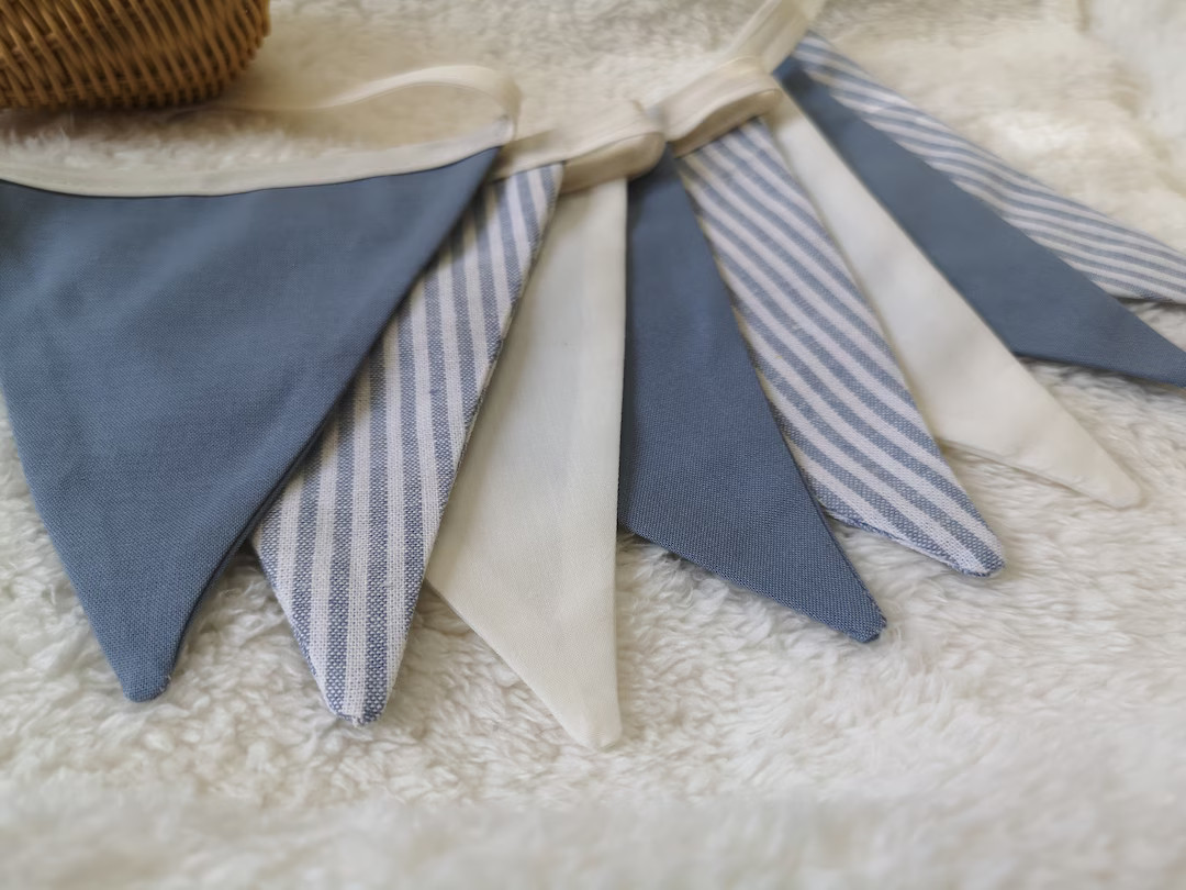 Blue Linen Striped Bunting Garland, Boy Banner Nursery Garland, Blue Bunting Banner, Nursery Deco... | Etsy (US)