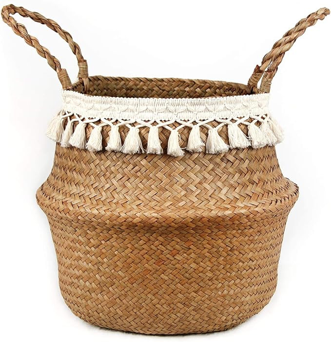 BlueMake Boho Woven Seagrass Belly Basket for Storage Plant Basket or Toy Basket Living Bathroom ... | Amazon (US)