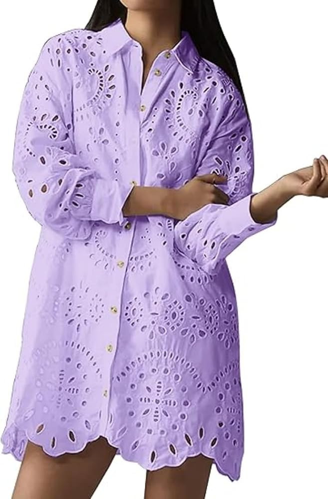 utcoco Women's Embroidered Eyelet Lace Shirt Dresses Button Down Shirts Casual Loose Fit Mini Dre... | Amazon (US)