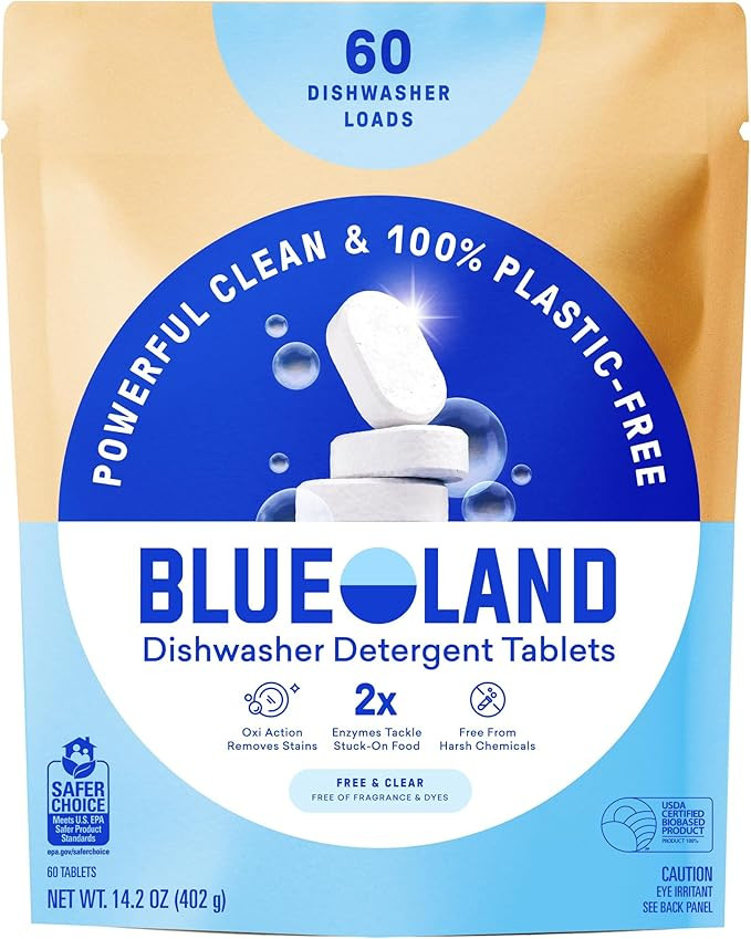 BLUELAND 100% Plastic-Free Dishwasher Detergent Tablets, 60 Count, Free & Clear, Eco-Friendly Dis... | Amazon (US)
