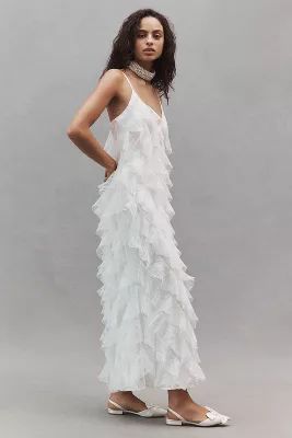 BHLDN Jia Bias-Cut Lace Ruffled V-Neck Gown | Anthropologie (US)