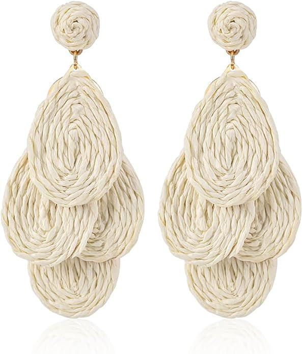 Boho Raffia Teardrop Earrings for Women - Handmake Statement Raffia Dangle Earrings, Summer Beach... | Amazon (US)