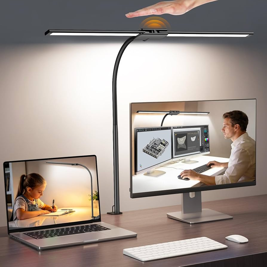 Syrinx LED Desk Lamp with Clamp, Dual Head Wide Desk Light, Flexible Gooseneck, Smart Motion Sens... | Amazon (US)