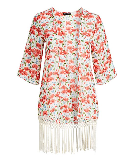 Red Floral Fringe-Trim Kimono - Women | zulily