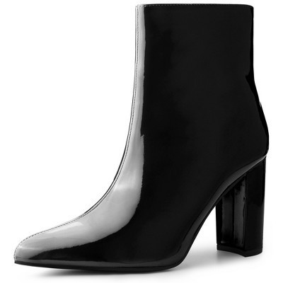 Perphy Women's Patent Leather Pointed Toe Side Zip Chunky Heel Ankle Booties 8 Black | Target