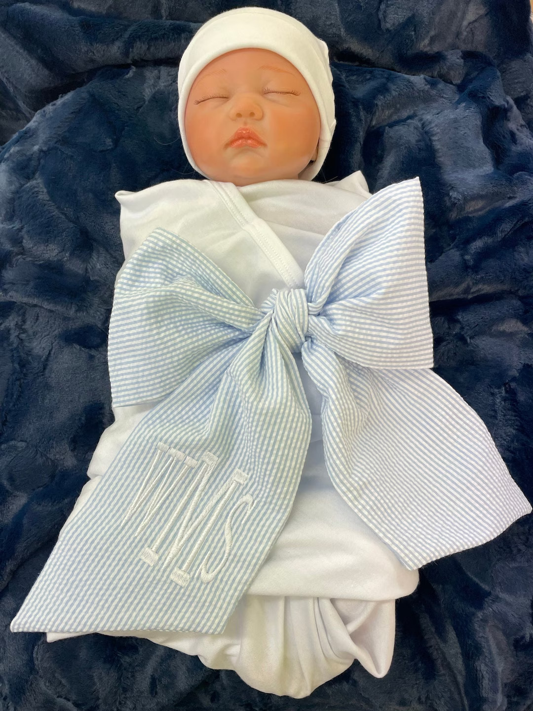 Monogrammed Newborn Infant Baby Seersucker Bow Sash Blanket, Maternity Photography Prop, Monogram... | Etsy (US)