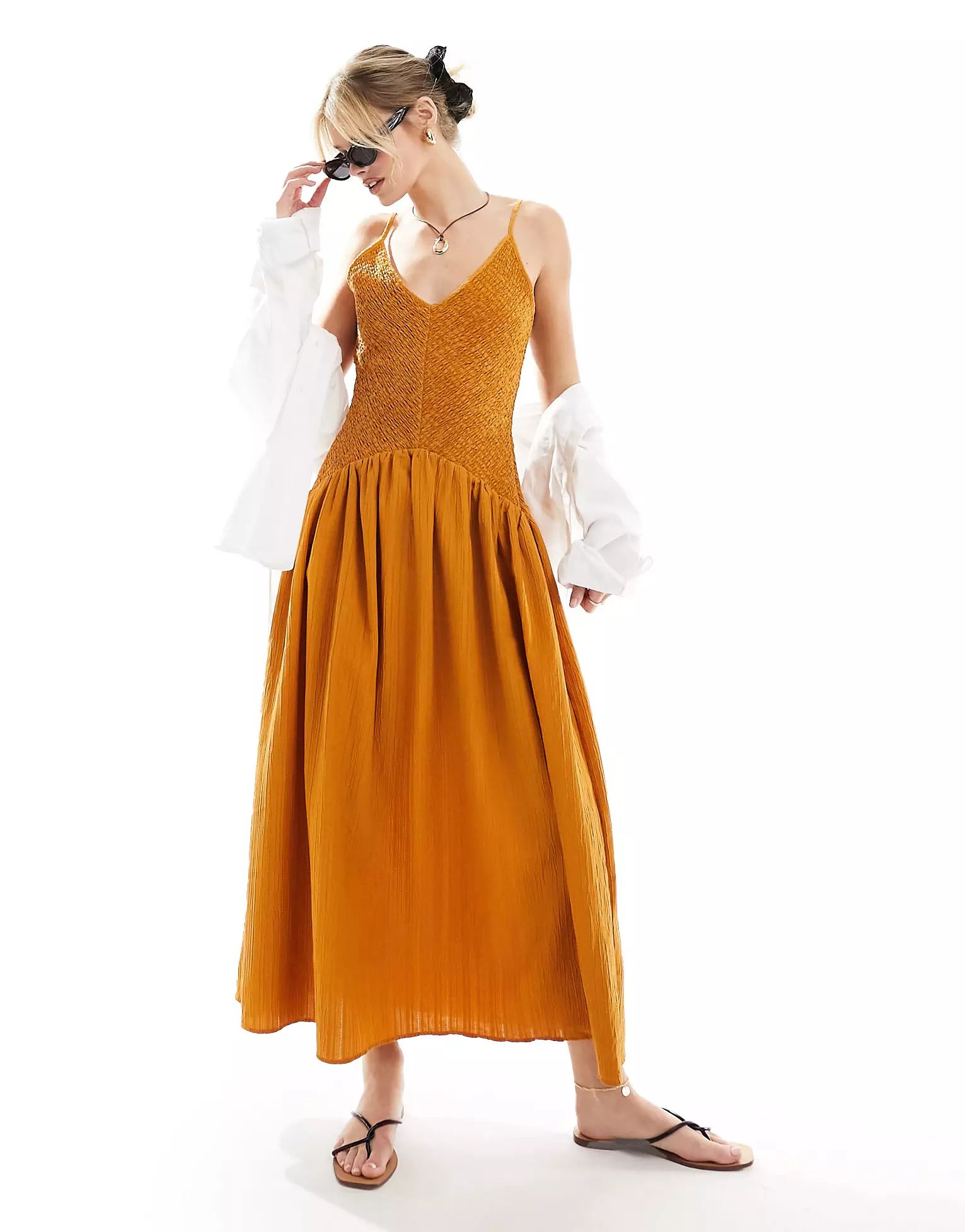ASOS DESIGN full skirt midi crinkle sundress in burnt orange | ASOS (Global)
