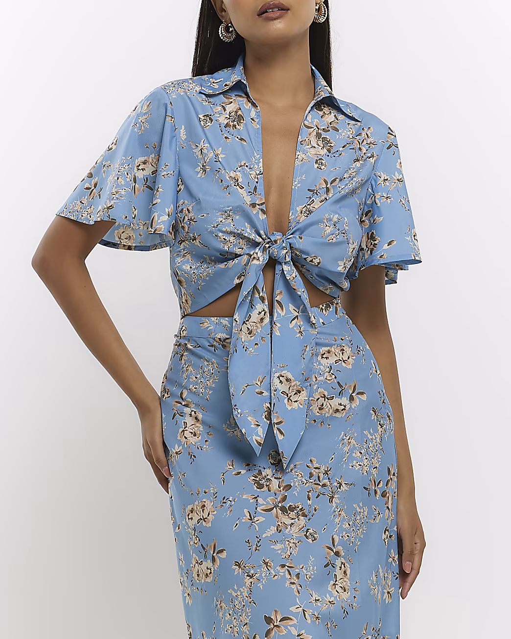 Blue floral tie front crop blouse | River Island (UK & IE)