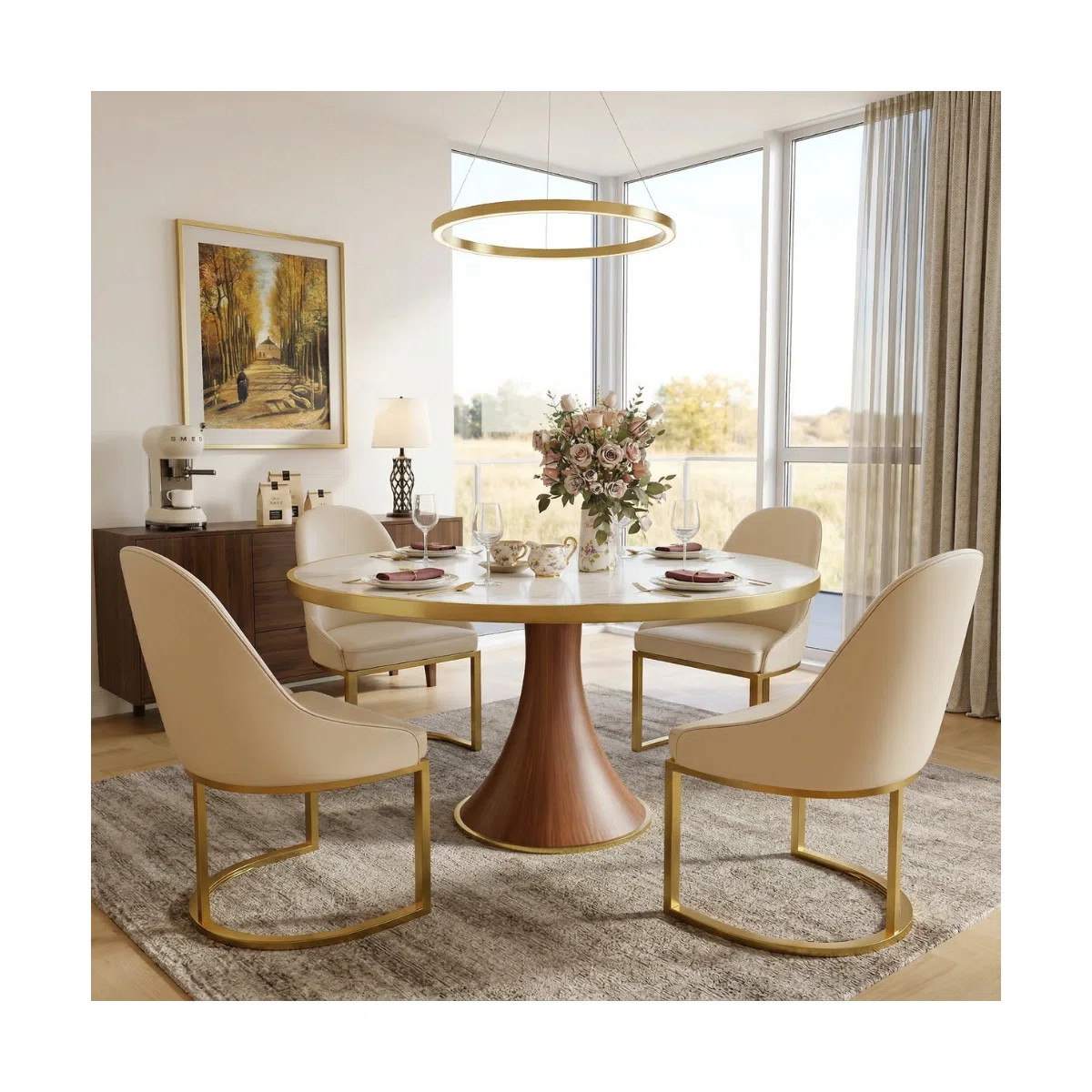 4-8 Seats Mid-Century Luxury Dining Table Sets With Leather Upholstered Gold Stainless Steel Base... | Wayfair North America