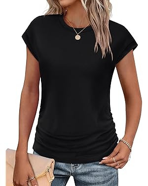 SAMPEEL Womens Summer Tops Trendy 2025 Ruched Cap Short Sleeve Tshirts Shirts Crew Neck T Shirts ... | Amazon (US)