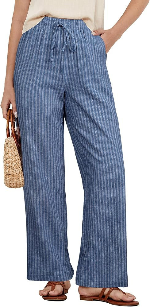 GRAPENT Striped Pants for Women High Waisted Wide Leg Cotton Linen Trendy Beach Pull on Elastic W... | Amazon (US)