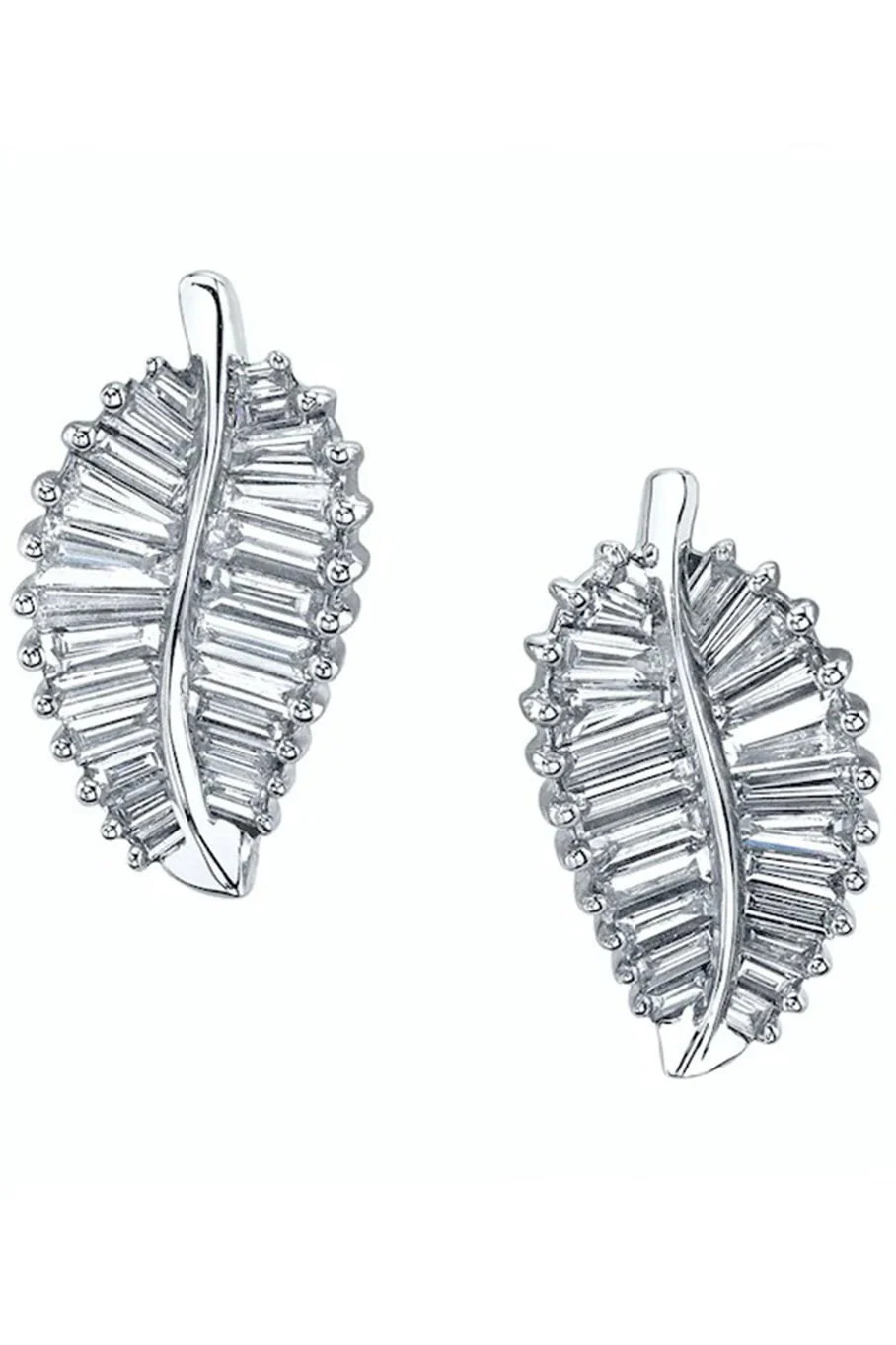 White Gold Palm Leaf Baguette Studs | Marissa Collections