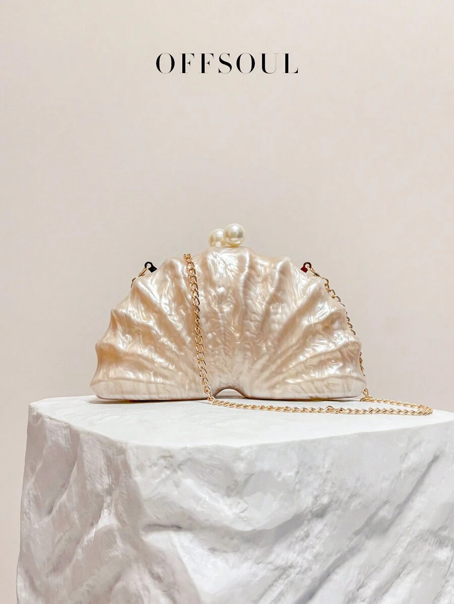 Pearl Marble Fan-Shaped Shell Evening Bag, New Elegant French Style Wedding Bride Party Clutch, A... | SHEIN