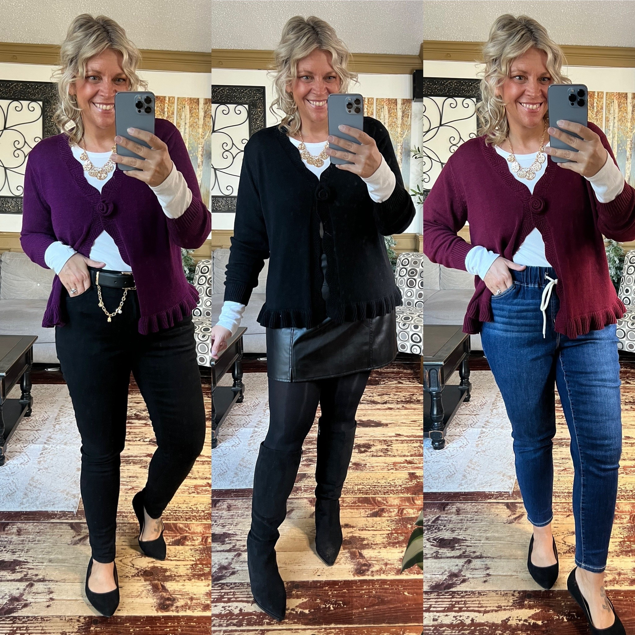 Wearing size 12 in the cardigan, size xl in skirt, size 14 in the jeans (both pair), xl in bodysuit. 

#LTKMidsize #LTKHoliday #LTKPlusSize