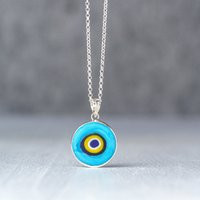 Round Blue Evil Eye Necklace/Small Turquoise Pendant Silver 01-Tax | Etsy (US)
