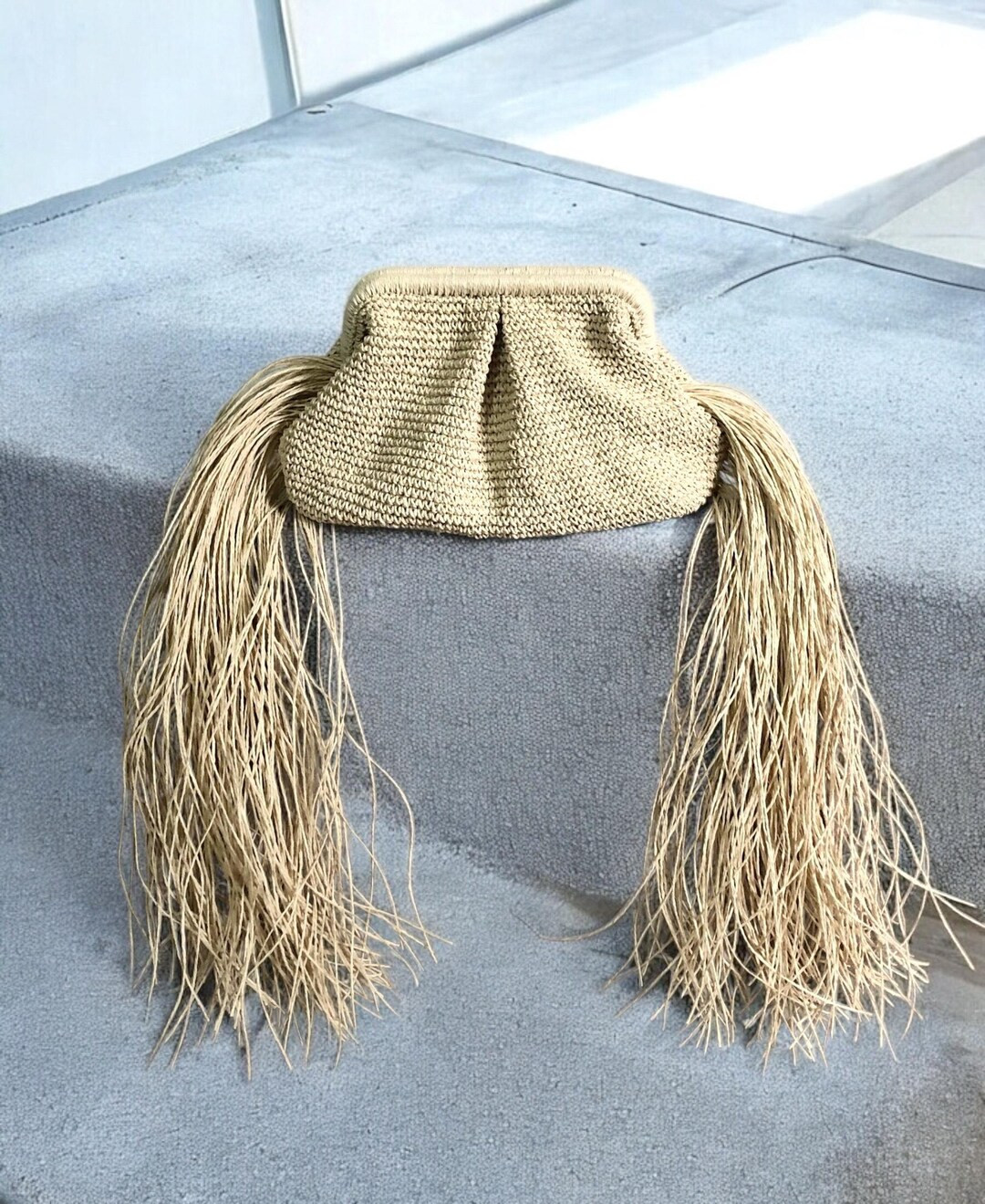 Beige Summer Raffia Clutch Bag, Straw Fringed Clutch Bag, Crochet Wedding Hand Bag - Etsy | Etsy (US)