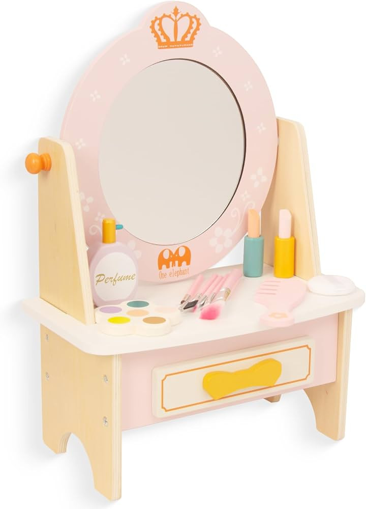 Wooden Vanity Set for Kids, Pretend Play Toddler Makeup Vanity Table Toys with 360° Rotatable Mi... | Amazon (US)
