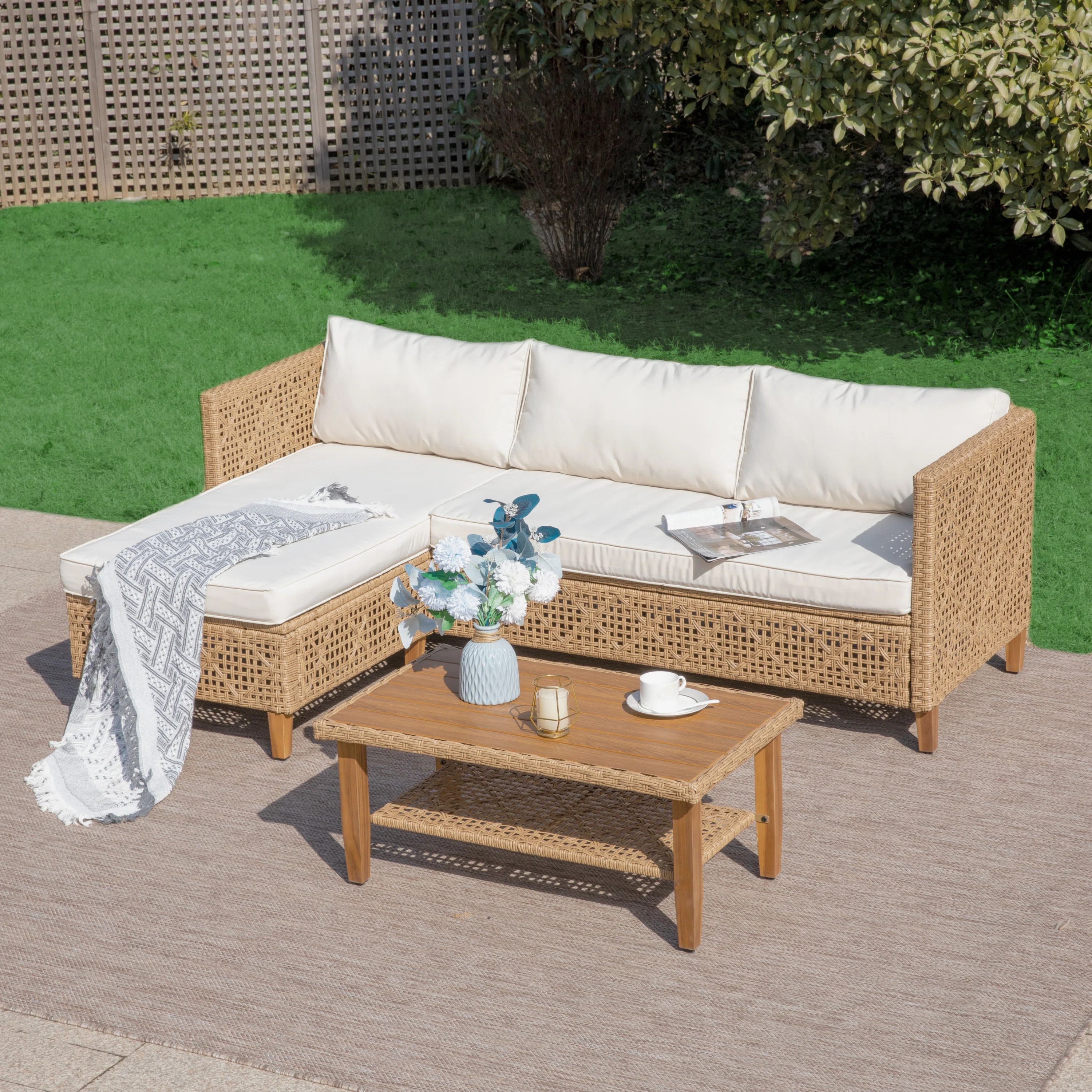 Outdoor Wicker Patio Conversation Furniture Set With Acacia Wood Coffee Table | Wayfair North America