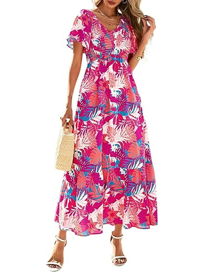 PRETTYGARDEN Women Floral Boho Maxi Dresses Summer Short Sleeve V Neck Smocked A Line Long Flowy ... | Walmart (US)