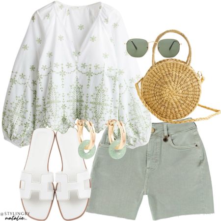 Green summer outfit, embroidered cotton blouse, sage green shorts, white slide sandals, straw bag & Ray ban sunglasses.
Holiday outfit, vacation outfit, denim shorts.

#LTKmidsize #LTKuk #LTKsummer