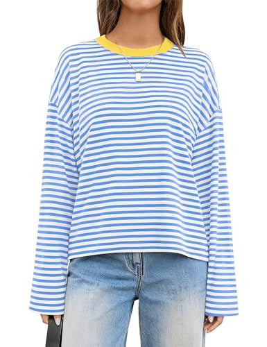 LOMON Striped Long Sleeve Shirt Women Y2k Oversized Crewneck Fall Spring Drop Shoulder Vintage To... | Amazon (US)