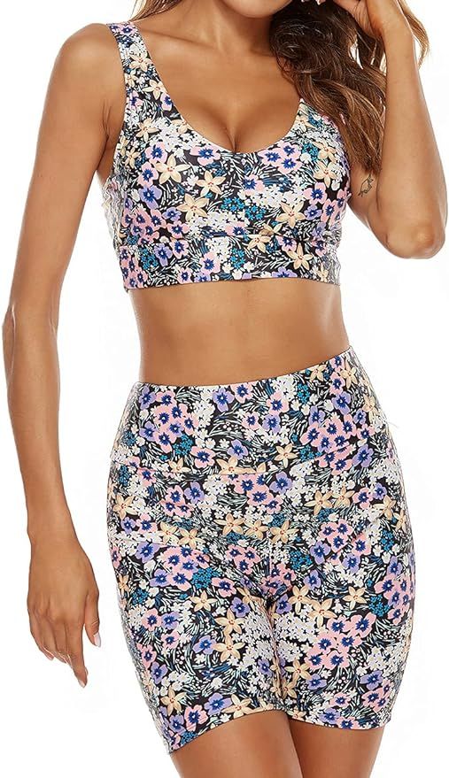 Wenly zeng Womens Active Floral Print Two Piece Swimsuits with Bralette Bikini Tops High Waist Bi... | Amazon (US)