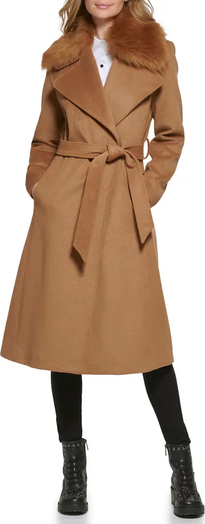 Belted Faux Fur Trim Wool Blend Coat | Nordstrom Rack