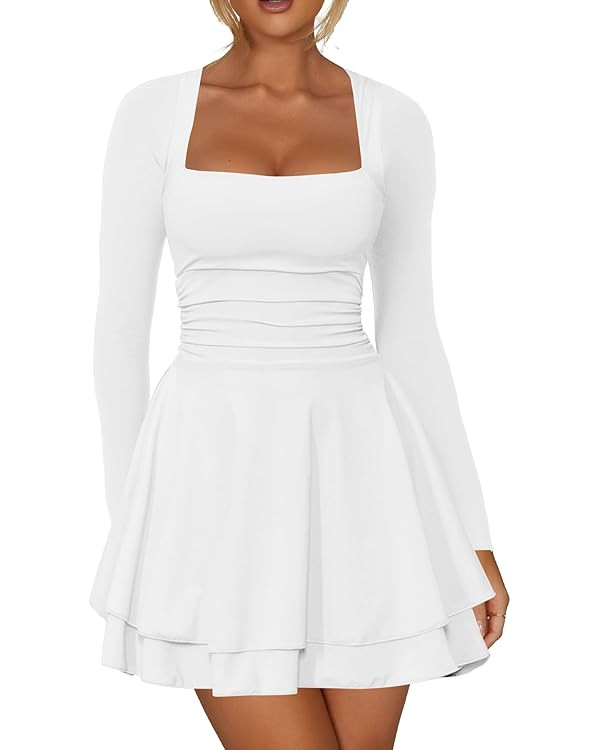 Kaximil Women's Square Neck Ruffle Hem Mini Dress Ruched Waist Long Sleeve Corset Short Party Dre... | Amazon (US)