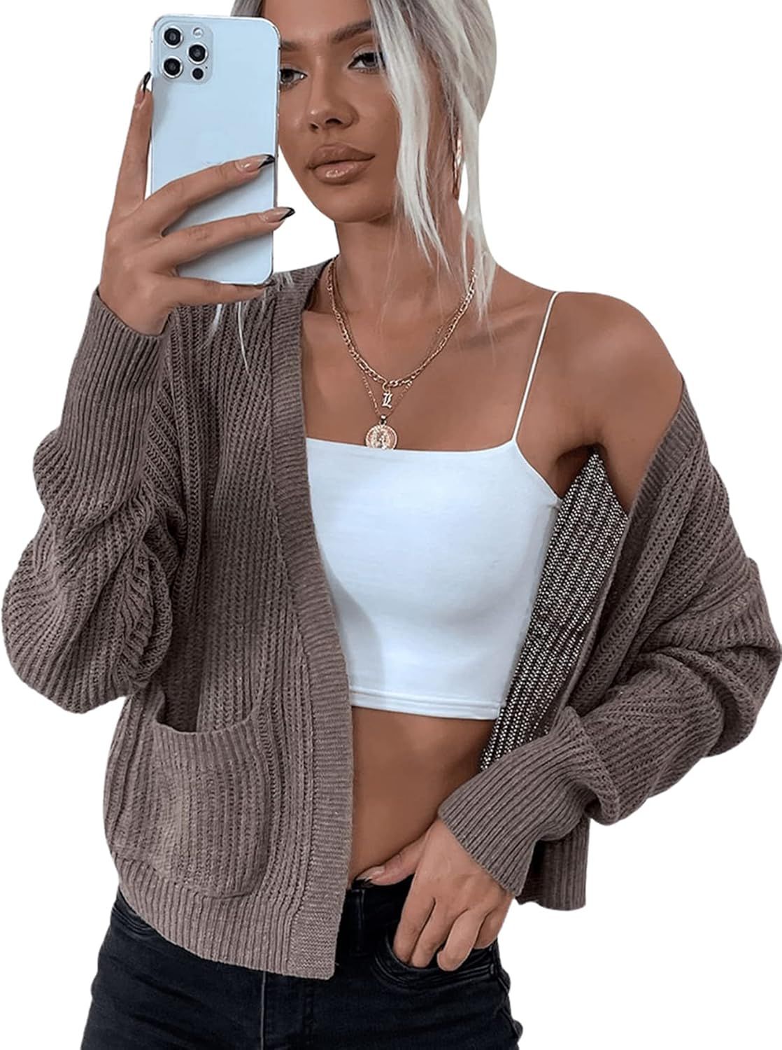 Verdusa Women's Open Front Long Sleeve Knitted Crop Sweater Cardigan with Pocket | Amazon (US)