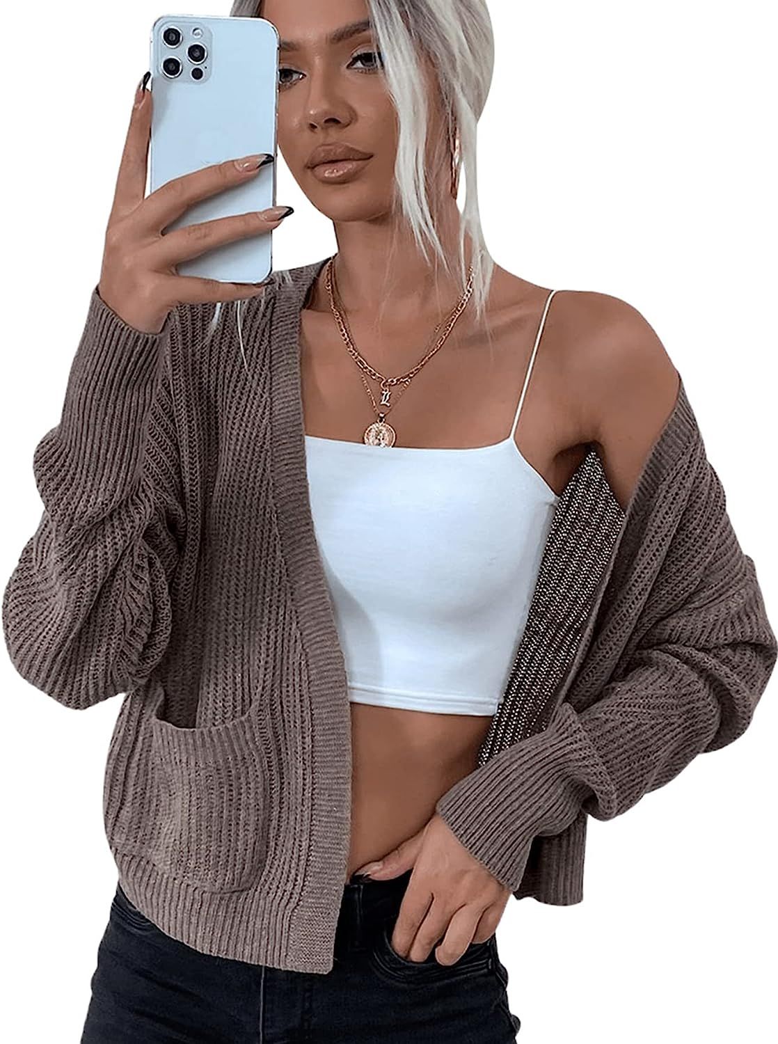 Verdusa Women's Open Front Long Sleeve Knitted Crop Sweater Cardigan with Pocket | Amazon (US)