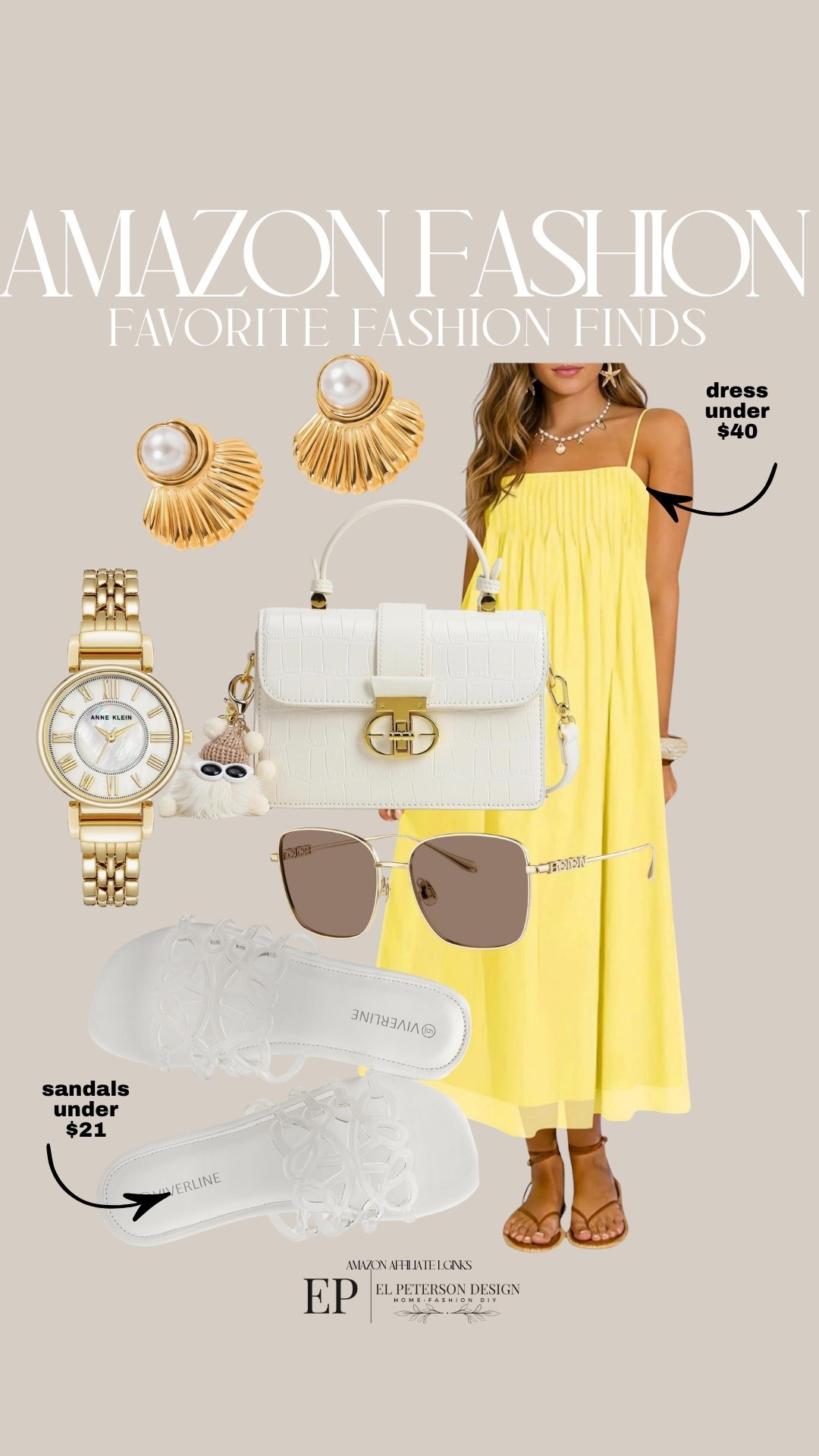 Amazon 
Dress
Purse
Earrings
Watch
Sandals
Sunglasses
Dress