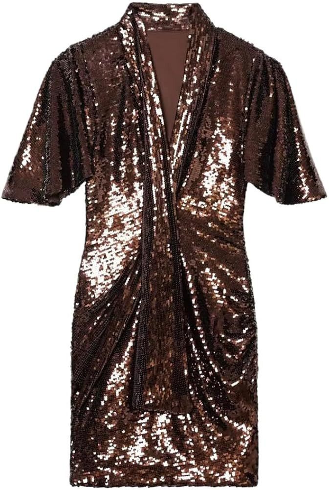 Women Sequined Mini Dress with V Neck and Short Sleeves A Line Pleated Party Dress for Evening an... | Amazon (US)