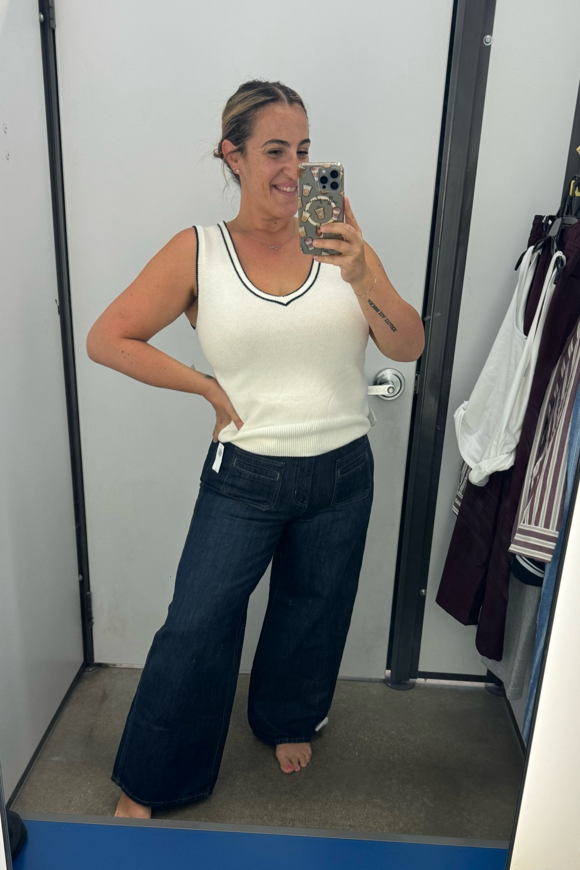 Love this whole outfit! The sweater vest is SO soft! Jeans do not have stretchy but hold in the moment pooch! Size medium in the vest (maybe do large for a more baggy look) size 10 in the jeans. 

#LTKSummerSales #LTKStyleTip #LTKOver40