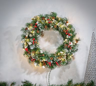 Faux Pre-Lit Glazier Pine with Pinecones &amp; Red Berries Wreath - 24" | Pottery Barn (US)