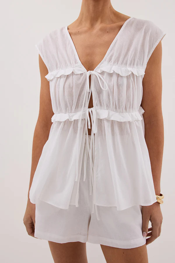 QUINN WHITE LINEN RUFFLE TOP | DISSH
