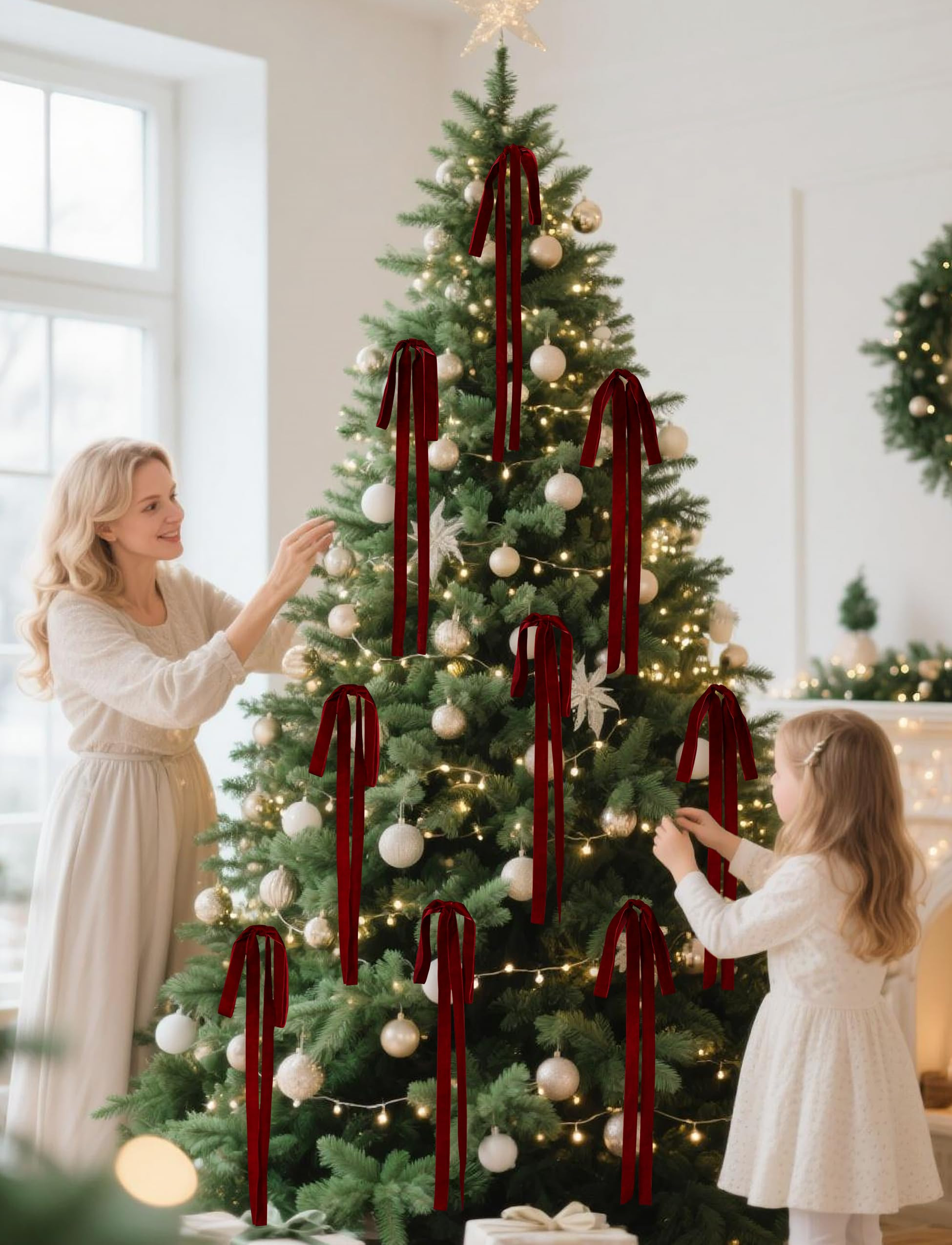 SIMISI RIBBON Burgundy Long Velvet Bows Ornaments for Christmas Tree, Wreath, Garland, Swag, Stai... | Amazon (US)