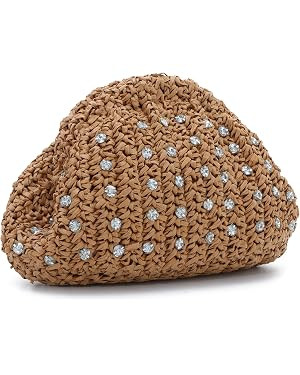 KUANG! Straw Clutch Purse with Rhinestone Dumpling Handbag Summer Woven Vacation Beach Bag for Wo... | Amazon (US)