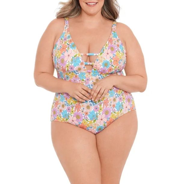 Time and Tru Women’s Plus Size V Strappy Front One Piece Swimsuit | Walmart (US)