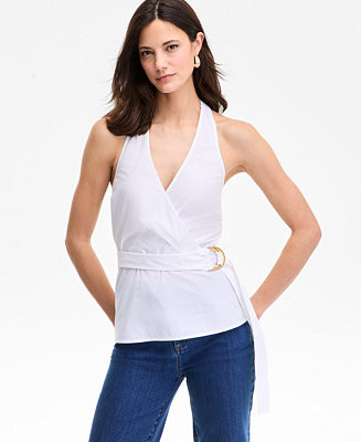 I.N.C. International Concepts® Women's Cotton Belted Surplice Top, Exclusively at Macy's  - Macy... | Macy's