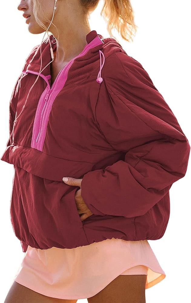 Womens Crew Neck Pullover Puffer Long Sleeve Loose Jacket Half Zip Hooded Coat with Drawstring | Amazon (US)