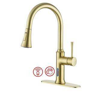 Single Handle Brushed Gold 16.8 in. H Pull Down Sprayer Kitchen Faucet with Infrared Sensor and Smart Voice Control | The Home Depot