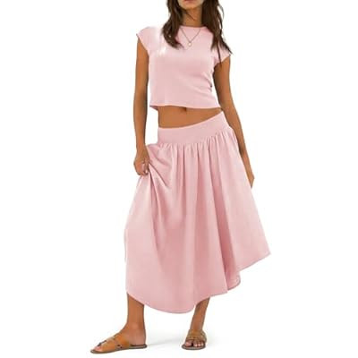 Tankaneo Womens 2 Piece Skirt Set Summer Casual Cap Sleeve Ribbed Crop Tops Midi Dress… | Amazon (US)