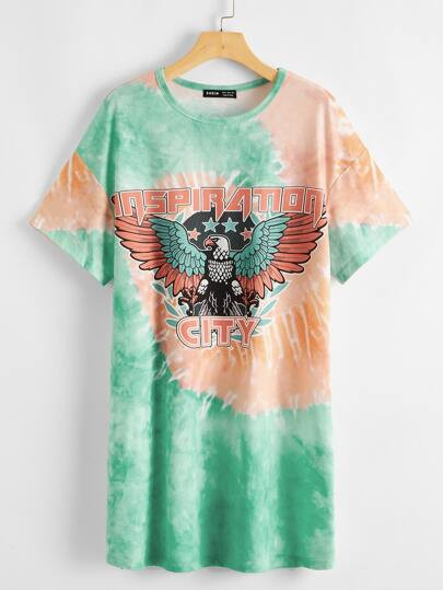 SHEIN Drop Shoulder Letter Graphic Tie Dye Tee Dress | SHEIN