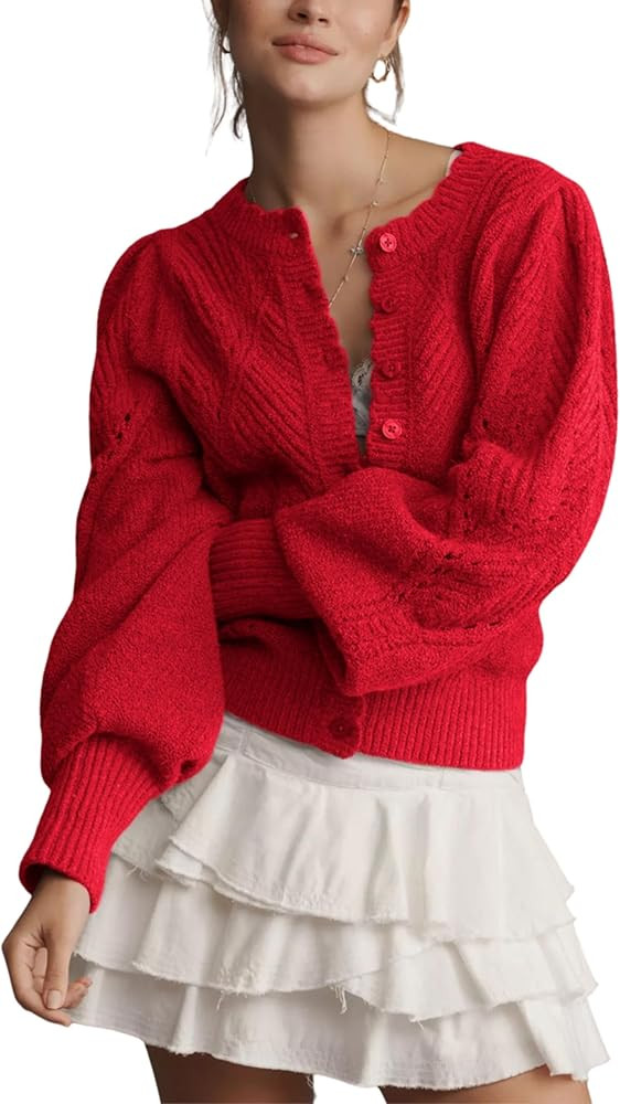 Women Pointelle Knit Lightweight Cardigan Puff Sleeve Scalloped Trim Button Down Open Front Cropp... | Amazon (US)