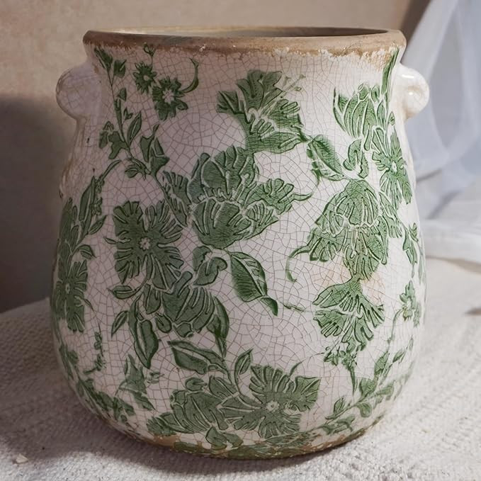 Vintage Green and White Ceramic Floral Vase Planter, Rustic Crackle Glaze Pottery Jar, Hand-Paint... | Amazon (US)
