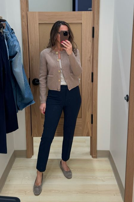 Love this look!   I found the pants to run really small. While I could zip up size 4 I didn’t like how tight they felt in the hips/butt and the waist. I got size 6 (I usually 26 in jeans). 
Lady sweeter jacket in xs. 
Flats old. 



#LTKstyletip #LTKsalealert #LTKworkwear