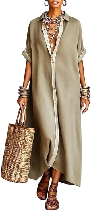 chouyatou Women's Contrast Color Button Down Shirt Dress Short Sleeve Cotton Linen Casual Loose B... | Amazon (US)