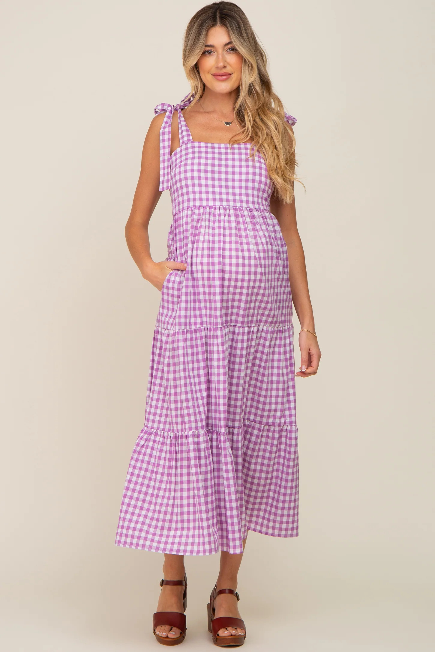 Lavender Checkered Sleeveless Tiered Maternity Maxi Dress | PinkBlush Maternity