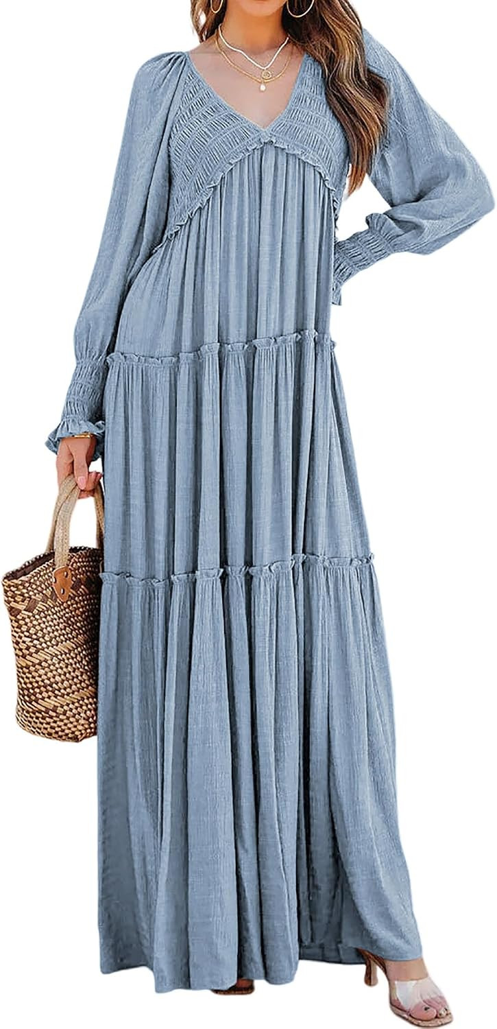 R.Vivimos Long Sleeve V Neck Flowy Maxi Dresses for Women | Amazon (US)
