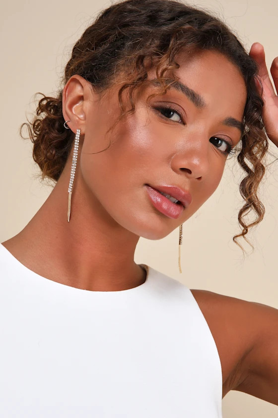 Sparkling Invitation Gold Rhinestone Herringbone Chain Earrings | Lulus